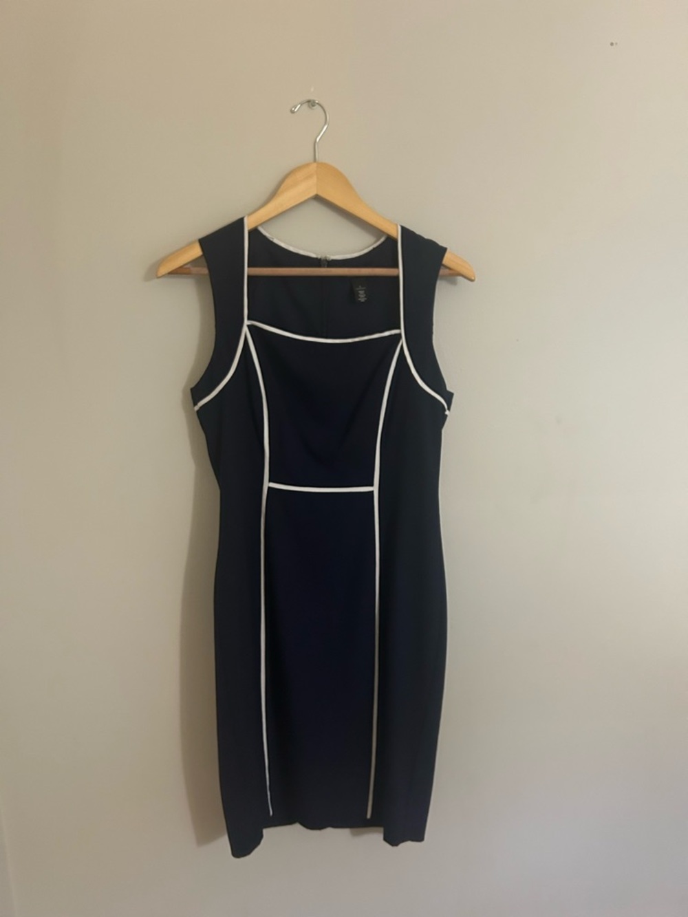 White House Black Market Navy Blue Midi Sheath Dress with White Piping